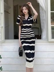 Summer Women Long Dress Knitted Retro Striped Hollow Short Sleeve Midi Dresses Street Clothes Stretchy Robe Femme Mujer Vestidos
