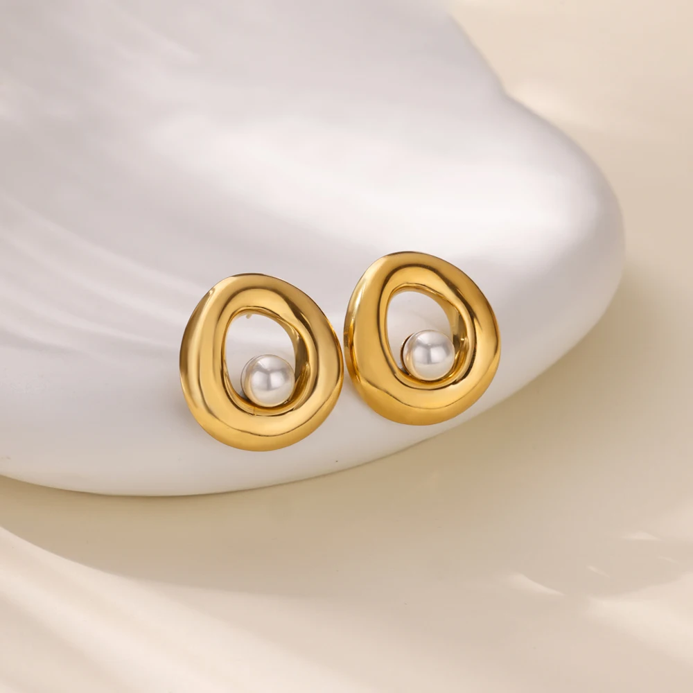 Envío Gratis pendiente hueco de perla de imitación para mujer, pendiente de aro geométrico de acero inoxidable de Color dorado, joyería para Piercing