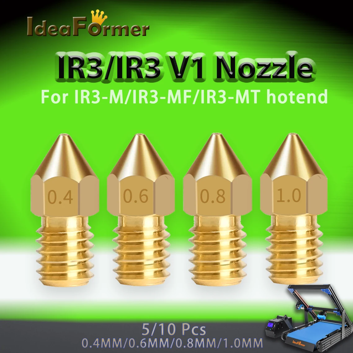 IR3 Nozzle For IR3-M/IR3-MT/IR3-MF Hotend 5/10PCS 0.4/0.6/0.8/1.0mm Brass Extruder M6 For Ideaformer IR3 /IR3 V1 Belt 3D Printer