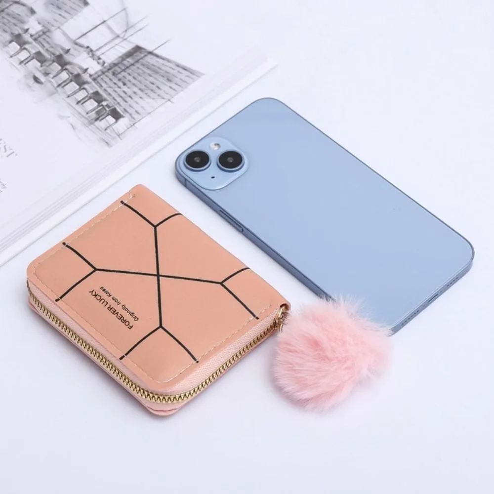 Fashion Zipper Card Holder PU Leather With Pom Pendant Short Wallet Printed Female Bag Women Girls Female Bag