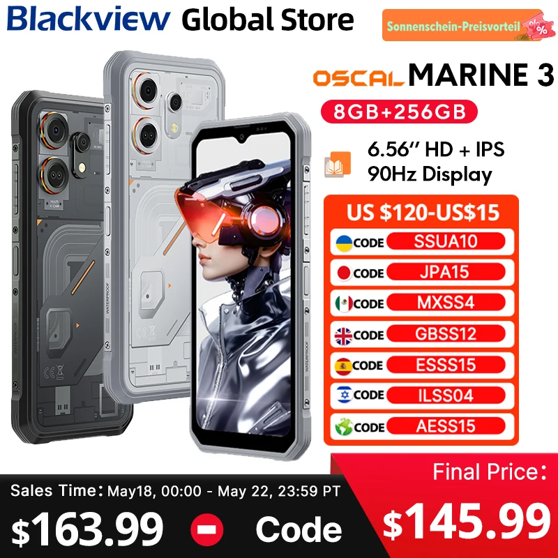 

Blackview Oscal MARINE 3 Rugged Smartphone 6.56-inch HD+ IPS 90Hz Display 5000mAh Android 16 MTK Helio G81 NFC 256GB Cellphone
