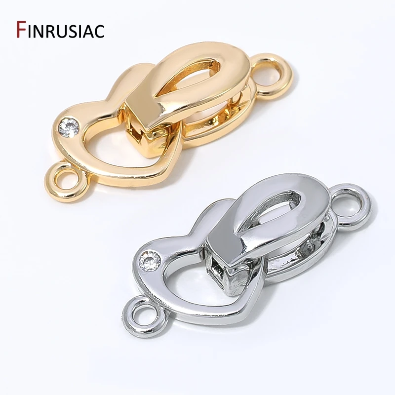 14K Gold Plated Brass Zircon Fold Over Clasps Connector,Heart Shape Fastener Lock End Clasps For DIY Jewelry Making Supplies