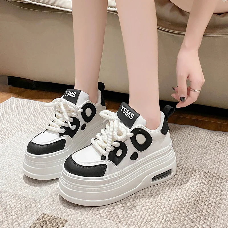 Fashion Tide 8CM High Platform Shoes Womens Chunky Sneakers Real Leather Height Increasing Sports Shoe Basketball Walking Shoe