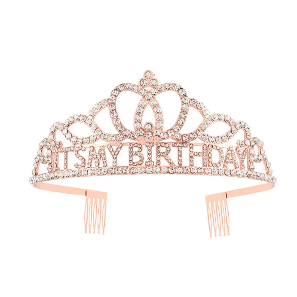 It\'s My Birthday Tiara Crown Rose Gold Rhinestone Headband Gifts for Girls Women Happy Birthday Party Favor Decorations Supplies