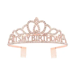 It's My Birthday Tiara Crown Rose Gold Rhinestone Headband Gifts for Girls Women Happy Birthday Party Favor Decorations Supplies