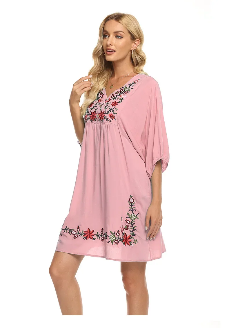 Eaeovni  2022 Summer Dress for Woman Loose V-neck Casual Clothing Cotton Dresses Embroidered Loose Dress