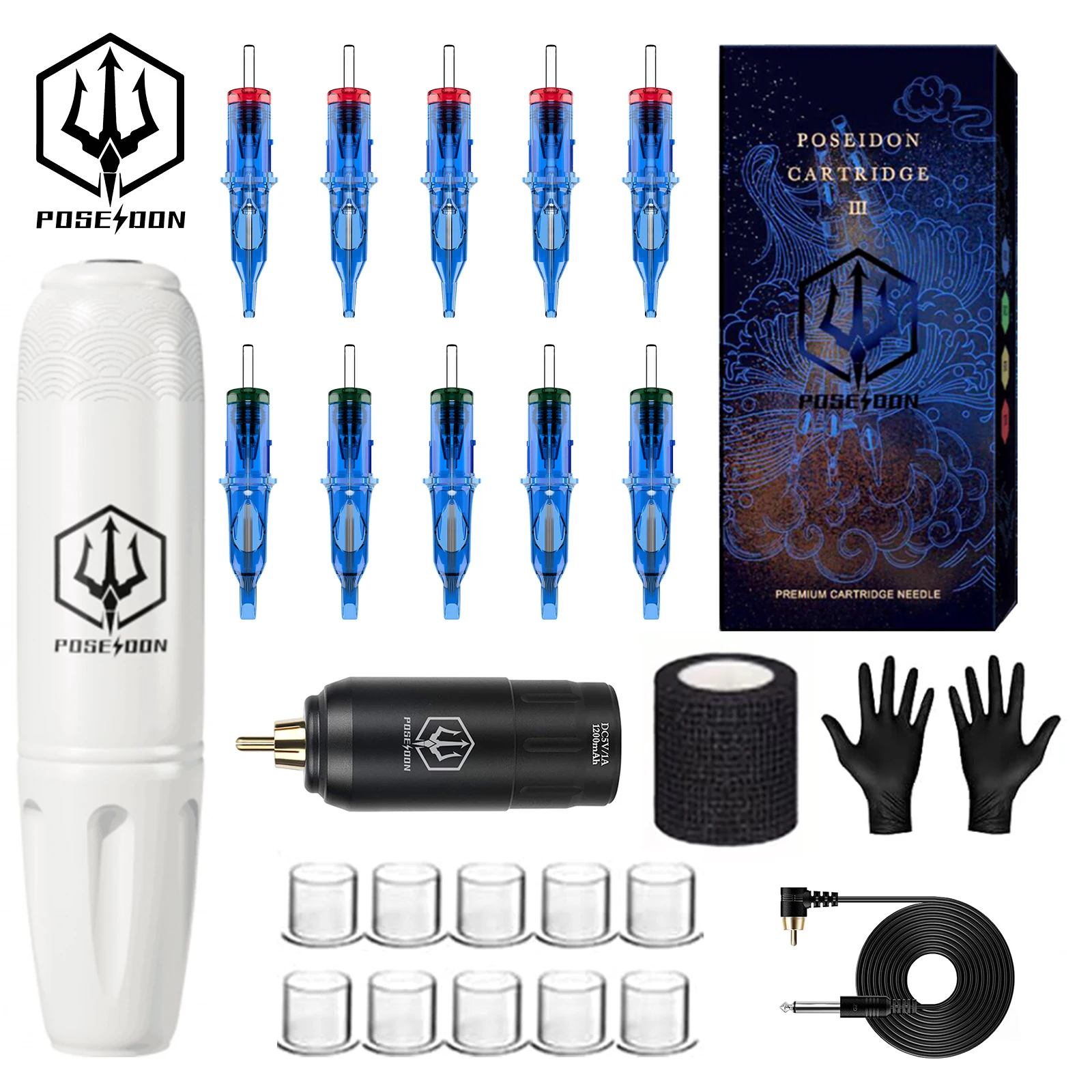 Tattoo Kit POSEIDON White Hot  Tattoo Pen Kit For Permanent Makeup Tattoo Machine Wireless Tatto Power Supply Tattoo Gun Kit