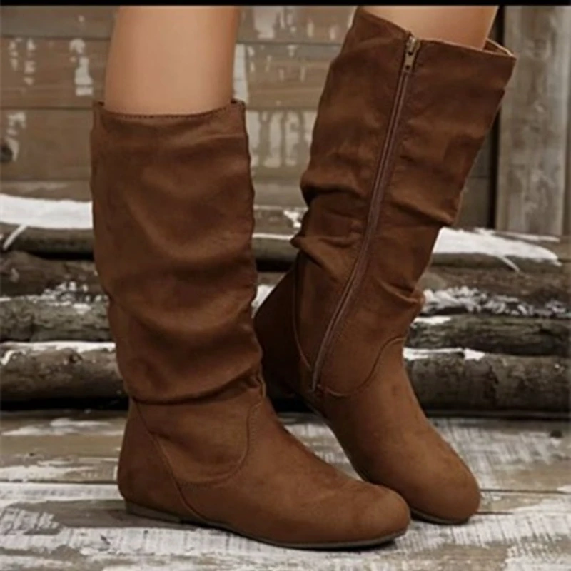 Women Knee High Boots Suede Flats Casual Chelsea Women Shoes Autumn Winter Designer Brand Large Size 36-43 2025 New Women Boots