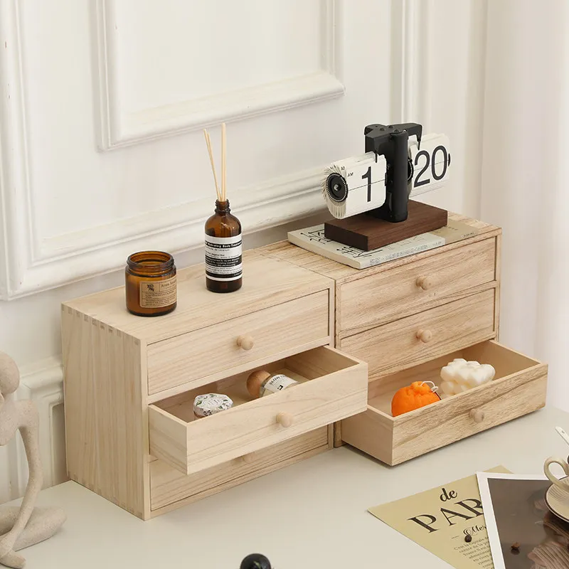Solid Wood Desktop Storage Organizer, Multi-Layer Drawer Cabinet, Stackable Wooden Box for Office Supplies Countertop Shelf