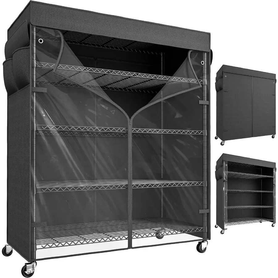 45''W Storage Shelves Waterproof Metal Shelving with Cover Dustproof Wire Shelving Unit Covers Wheels Garage Storage Rack Wire