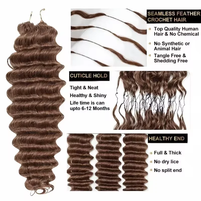 12A Feather Crochet Human Hair Deep Curly Chocolate Brown Crochet Human Hair Pre Looped Knotless Braids Natural Soft Lightweight Real Extensions Invisible Knotless Pre-Separated 26 Inch 300g Synthetic