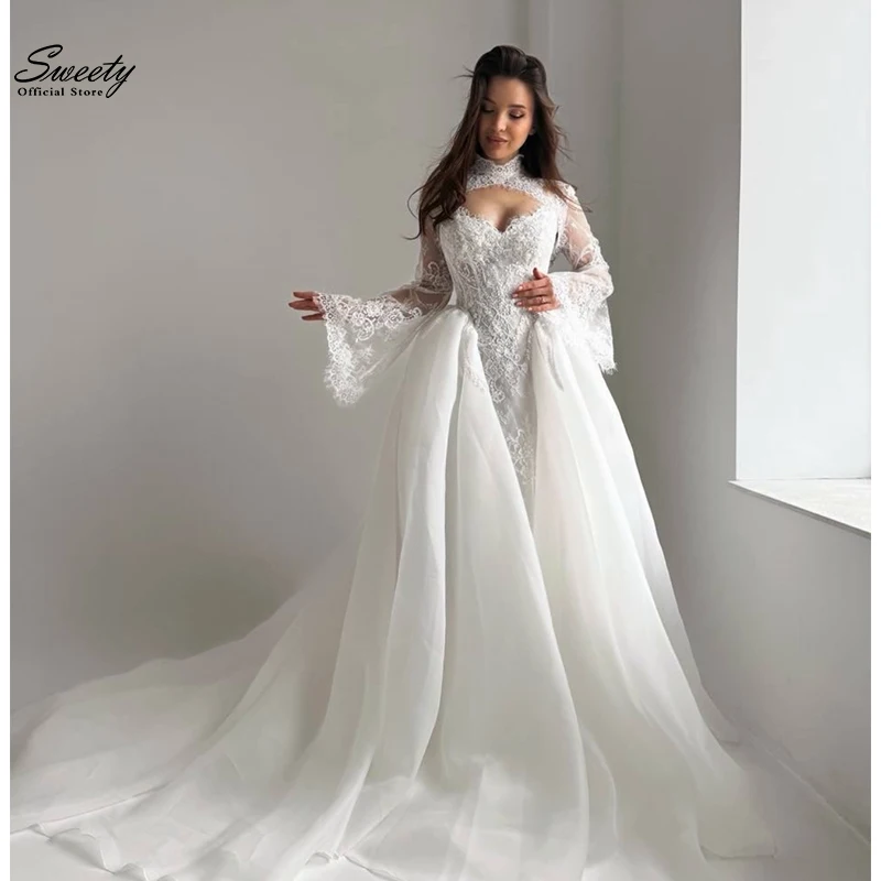 High Quality Lace Wedding Dress Organza With Embroidery A-Line Ball Gown Detachable Hanging Sleeves Strapless Customized Bride