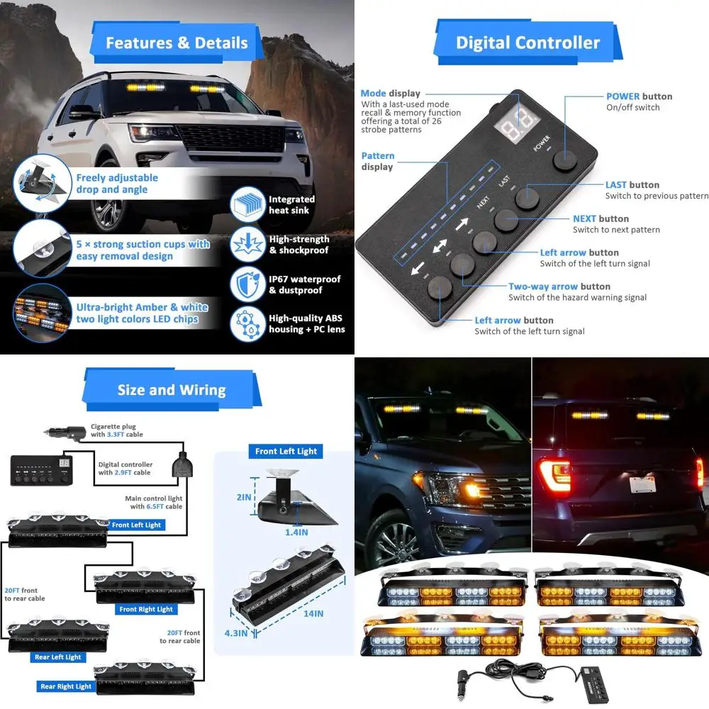 4 قطع 16-LED 2x14 بوصة شريط إضاءة ستروب أبيض وكهرماني مع وحدة تحكم ومجموعة أسلاك وأكواب شفط للشاحنات وسيارات الدفع الرباعي و