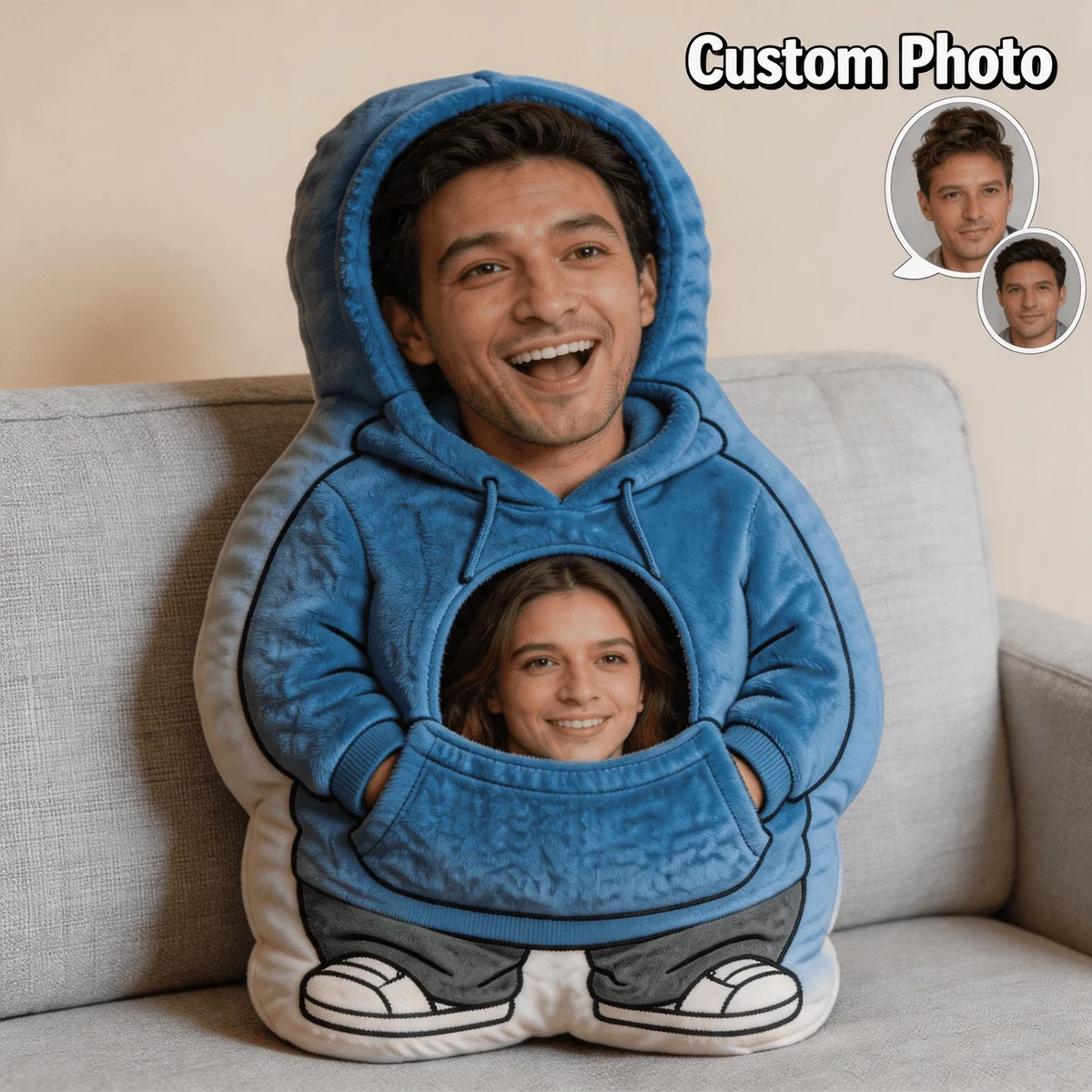 Personalized Photo Couple Hoodie Cushion Double-sided Printing Custom Two Faces Plush Pillow Creative Valentine Surprise Gift