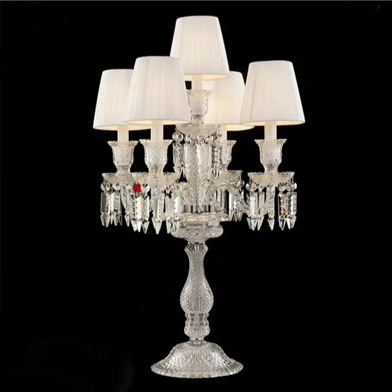 

French Luxury Crystal Ornament LED Desk Lamps 5 Heads White Fabric Lampshade Living Room Restaurant Hotel Bedroom Table Lights