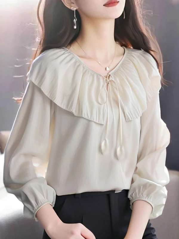 

Элегантная однотонная шифоновая блузка с бантом и кружевным подолом, уникальный топ для женщин, весна-осень, модный корейский стиль
