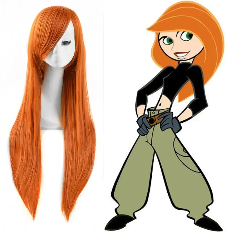 Anime Kim Possible Cosplay Wigs Orange Straight Long Synthetic Full Bangs Anime Costume Wigs