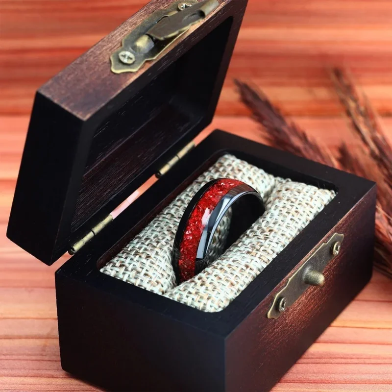 Ruby Red and Black Tungsten Wedding Band, 8Mm Mens Ring, Crushed Red German Glass Stones Polished Unique Band