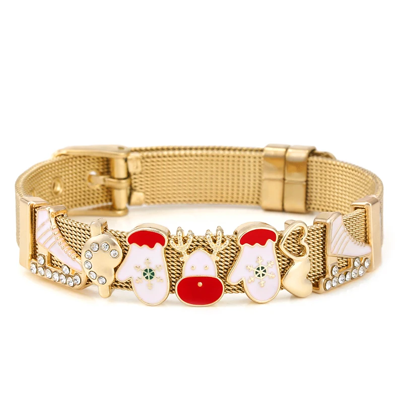 10mm Gold Color Winter Series Santa Claus Bells Beads Mesh Bracelet Stainless Steel Charm Bracelets For Women Christmas Jewelry