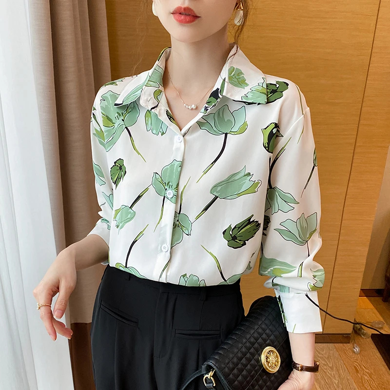 Women Spring Korean Loose Vintage Printing Chiffon Turn-down Collar Long Sleeve Shirts Women Clothes Casual Appear Thin Tops