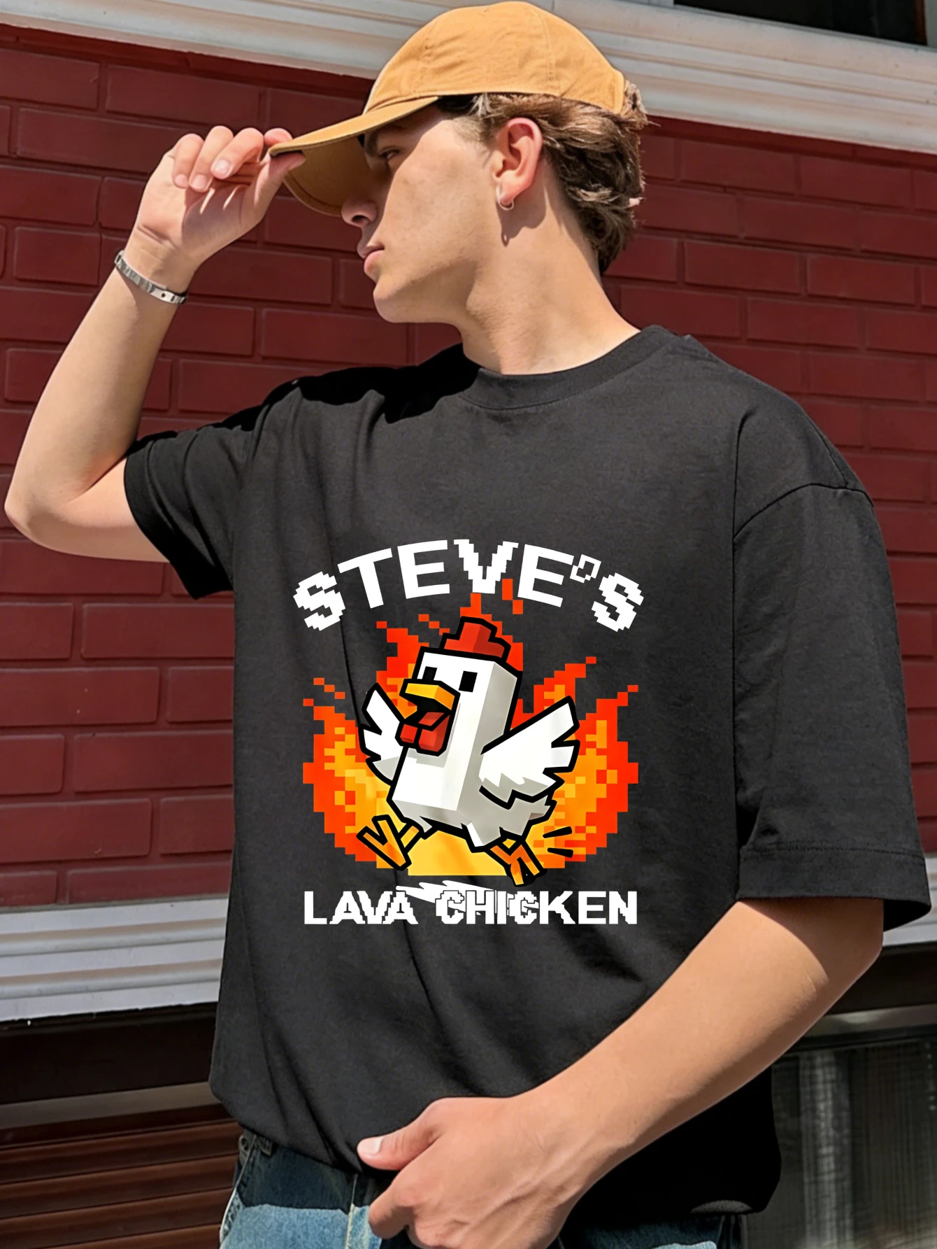 

Мужская хлопковая футболка оверсайз с коротким рукавом и забавным принтом Steve's Lava Chicken - летняя повседневная модель для мужчин