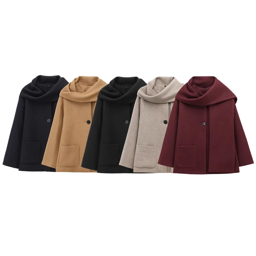 BMURHMZA women's patch bag decoration with scarf round neck long sleeved short coat winter new item solid color loose jacket