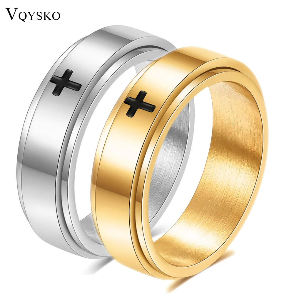 VQYSKO Cross Turnable Spinning Anxiety Ring Acciaio Inossidabile Corrosione Drip Oil Men Signet Jewelry