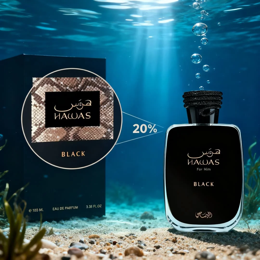 

Hawas Black men's strong perfume 3.4 oz. 100 ml, rich ebony leather tone, full of calm and luxury aura