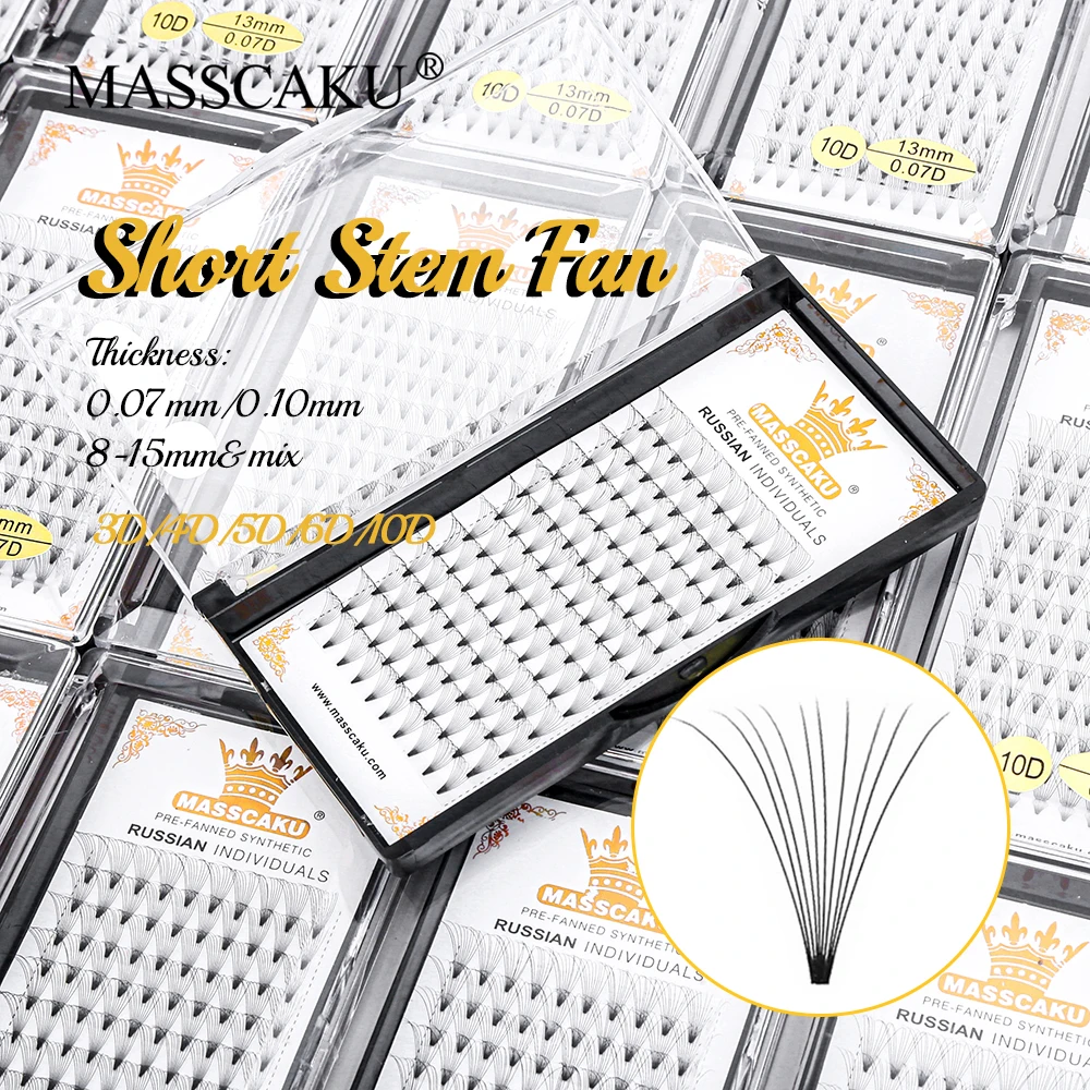 

MASSCAKU 0.07/0.10mm 8-15mm Multi-length Uniform Flowering Lash C D Curl Premade Fans Short Stem Eyelash Extensions Easy to Grip