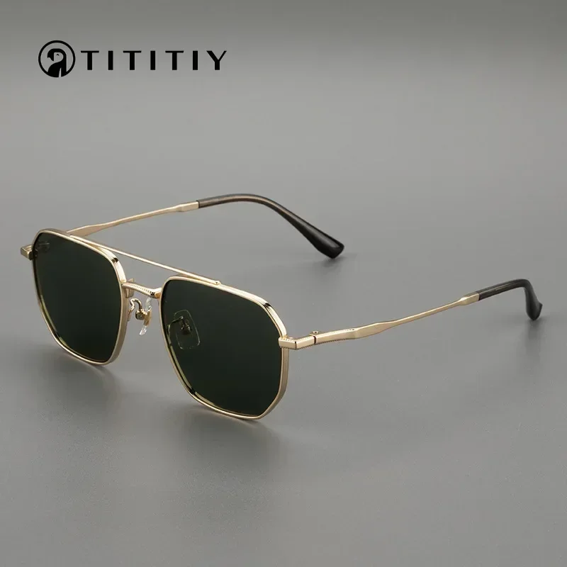 

New Double Bridge Pure Titanium Square Polarized Sunglasses Pilot Night Vision Goggles UV400 Men Summer Fishing Sunshade Glasses
