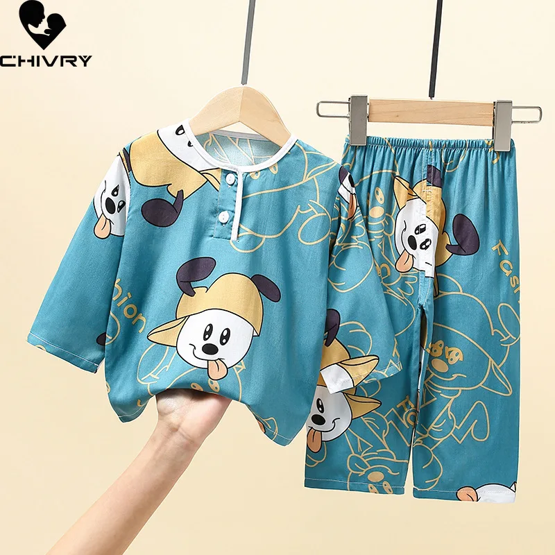 New 2022 Kids Boys Girls Summer Pajama Sets Cartoon Long Sleeve O-Neck Cute T-Shirt Tops with Pants Toddler Sleeping Clothes Set