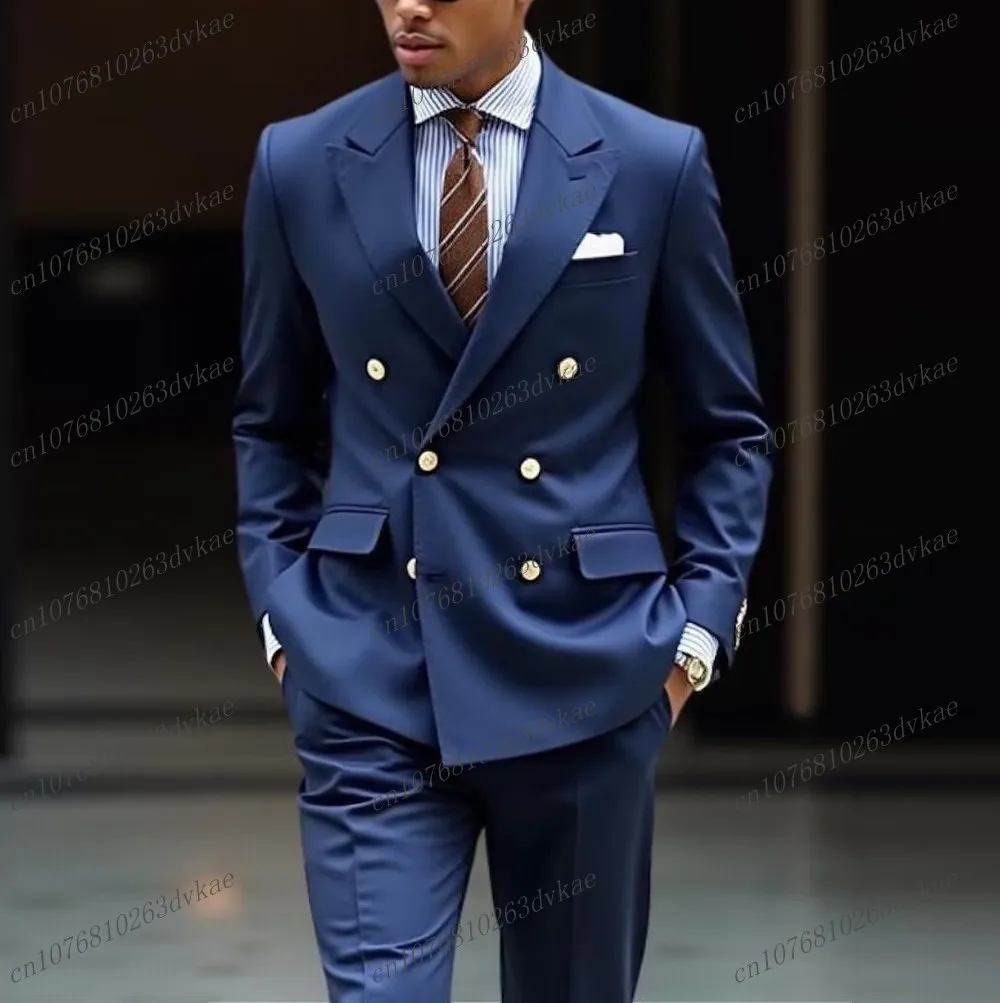 

New Navy Blue Business Men Suit Groom Groomsman Wedding Party Prom Formal Occasion Male Tuxedos 2 Piece Set Blazer Pants