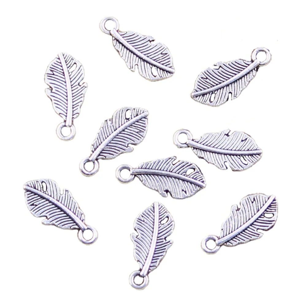 50pcs Charms Feather Leaf 14x7mm Antique Silver Color Pendants Making DIY Handmade Tibetan Finding Jewelry