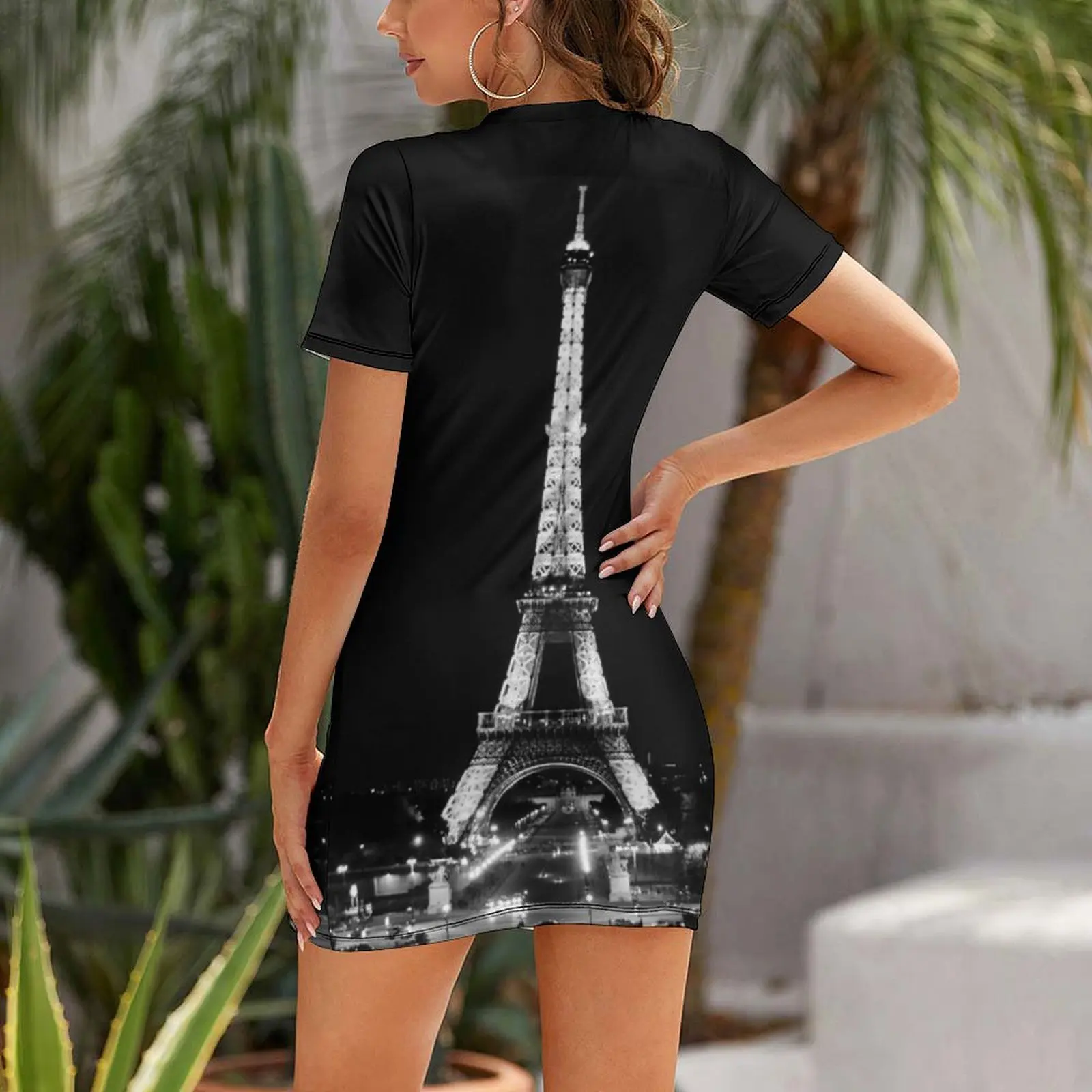 Eiffel Tower Paris at night black and white Short Sleeved Dress dress korean style women's evening dress 2025