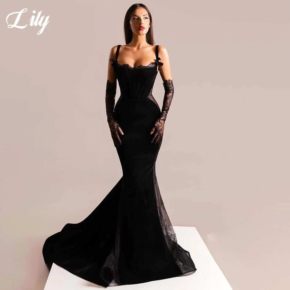 Lily Black Elegant Prom Dress Spaghetti Straps Backless Prom Gown Velvet Lace Mermaid Evening Dresses robe de bal Customized