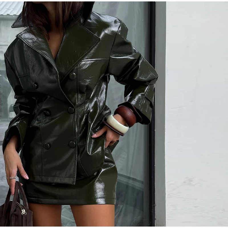 Solid PU Leather Women's Jacket Mini Skirt Set Lapel Neck Full Sleeve Double Breasted Coat Suit 2025 Autumn Stylish Edgy Outfit