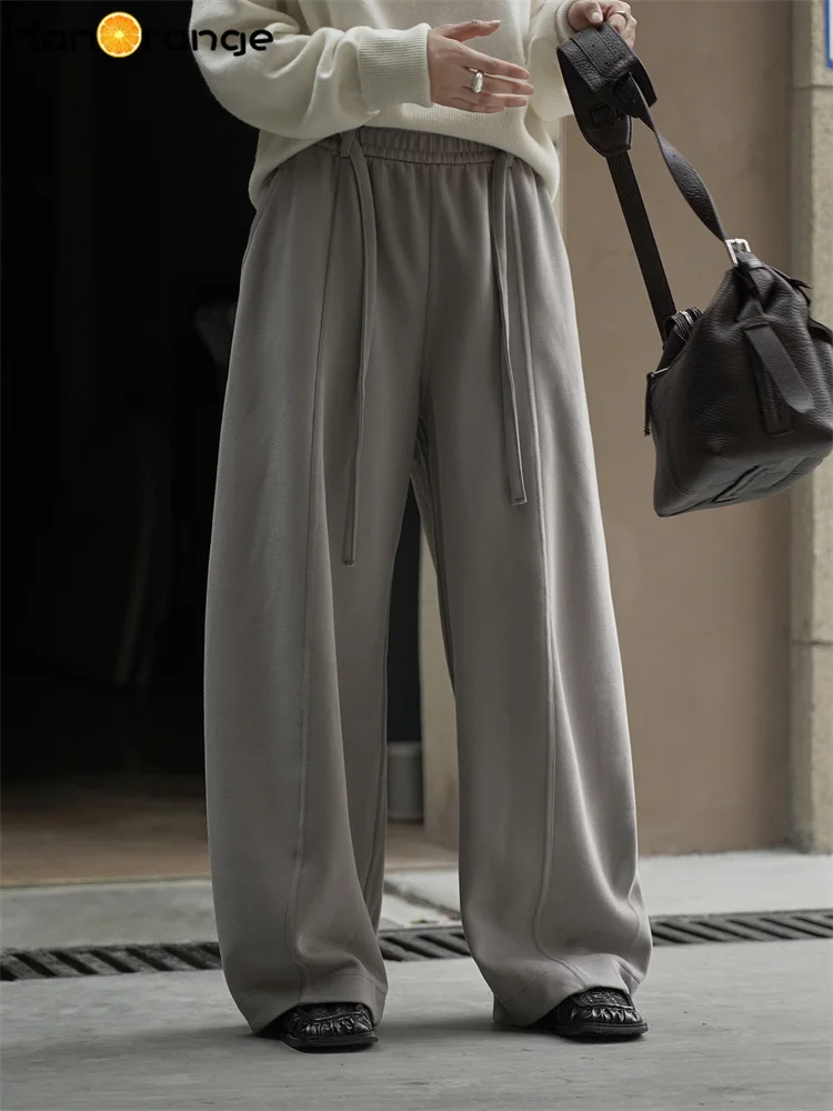 

HanOrange 2025, зимние простые повседневные брюки с изогнутой эластичной резинкой на талии, женские свободные широкие брюки, черные/фиолетовые/дымчато-серые