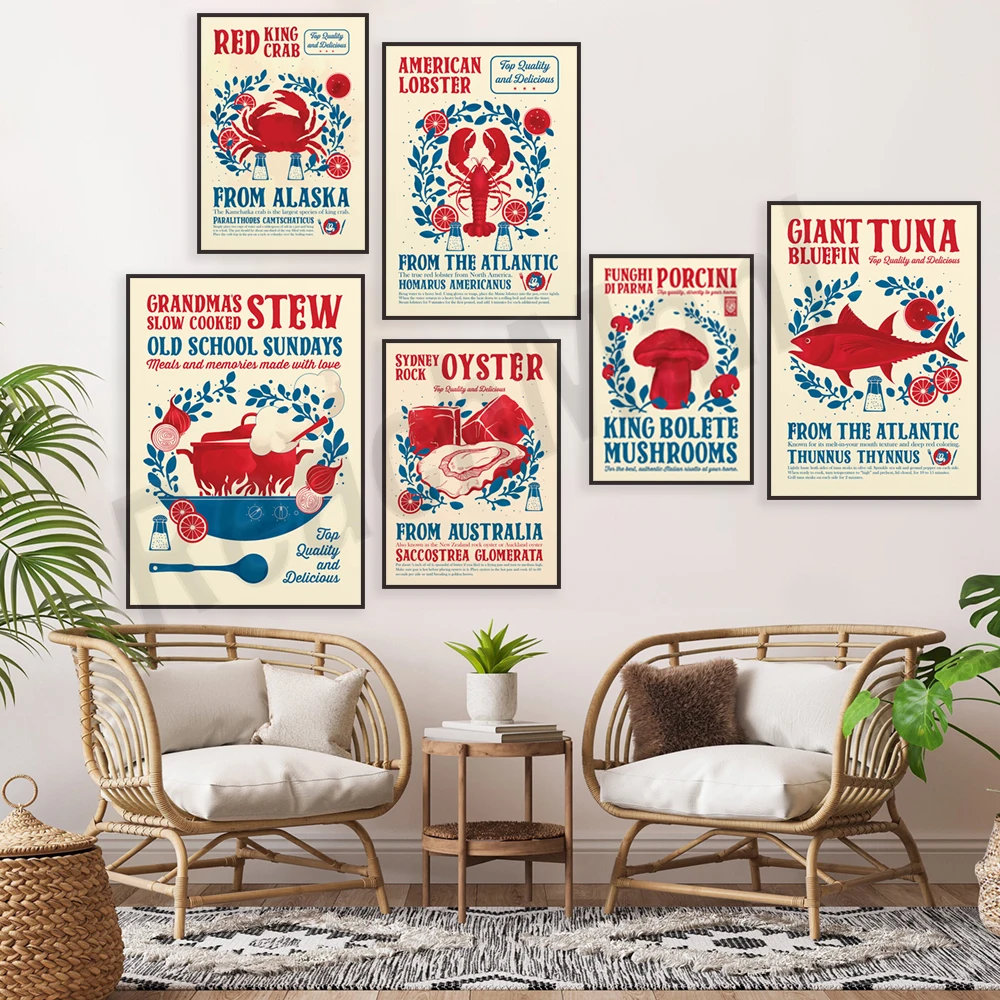 Food art grandma stew, bluefin tuna, oysters, red king crab, lobster, Portuguese pineapple, mushroom porcini kitchen poster