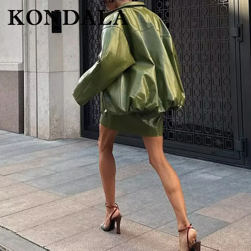 KONDALA Chic Streetwear Green PU Solid Women Suit Zipper Pocket Jacket+Strapless Sheath Mini Dress Fashion 2025 Night Party Sets