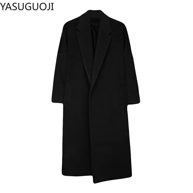 YASUGUOJI Cardigans Blends Coat with Belt Overcoat Male Winter Coat New Black Turn-down Collar Long Coat Men\'s Clothing