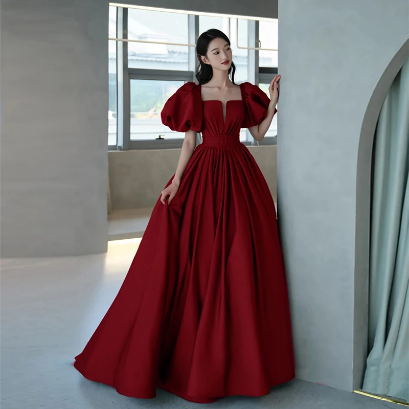 Burgundy Off Shoulder Prom Dress Elegant Square Collar Lace up Backless Large Puff Sleeves Classic Satin Birthday Party Dresses