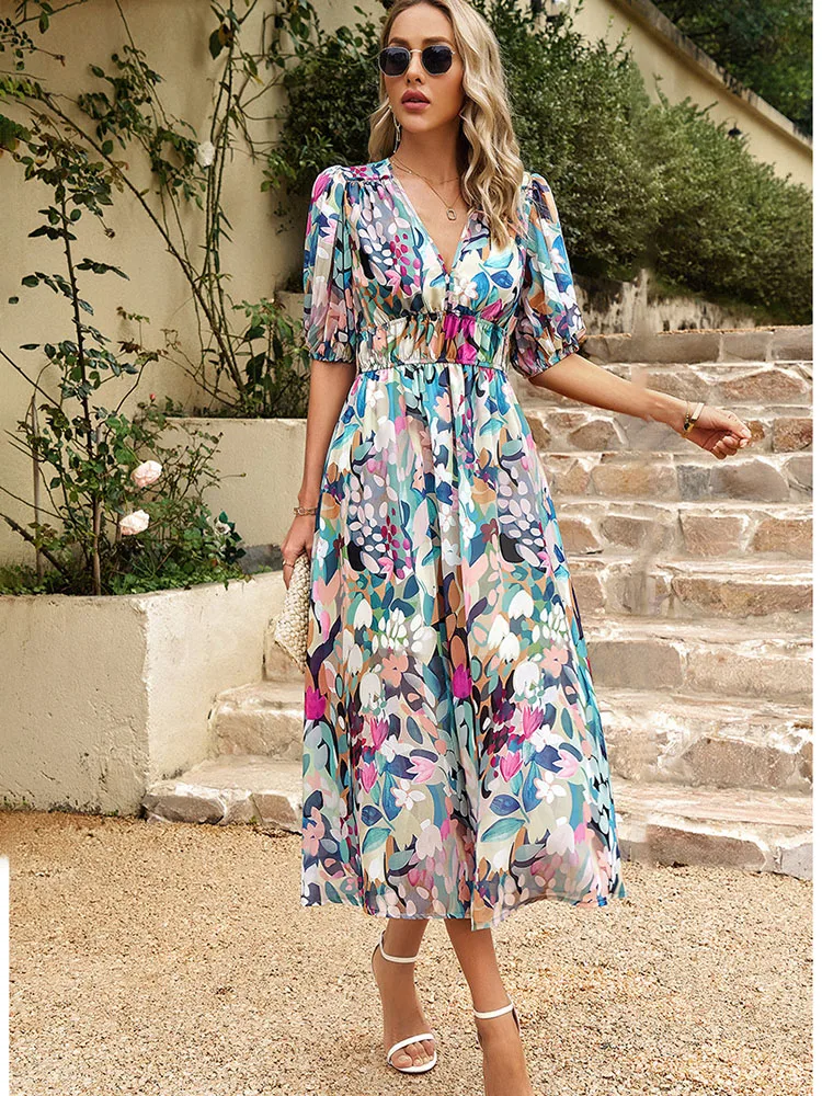 

2024 Elegant High Quality Design summer long Dress Waist Cinching V-neck Print Elastic Waist Maxi Dresses for Women Clothing