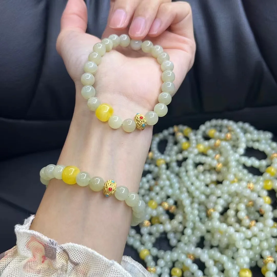 

Natural Hetian Jasper bracelet for women Fresh and Simple Honey Wax Ball Beaded bangles Men's and Women's Fashion Jewelry