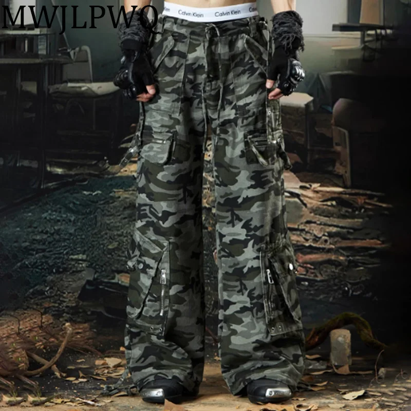 

MWJLPWQ Camoufalge Trend Мужские брюки-карго Нишевый дизайн с несколькими карманами на шнуровке Американские повседневные свободные брюки High Street 010579
