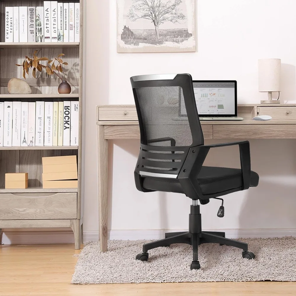 Chaise de Bureau Ergonomique avec Siège en Cuir et Dossier en Maille, Combinaison de Chaise d'Ordinateur avec Support Lombaire, Fauteuil Noir