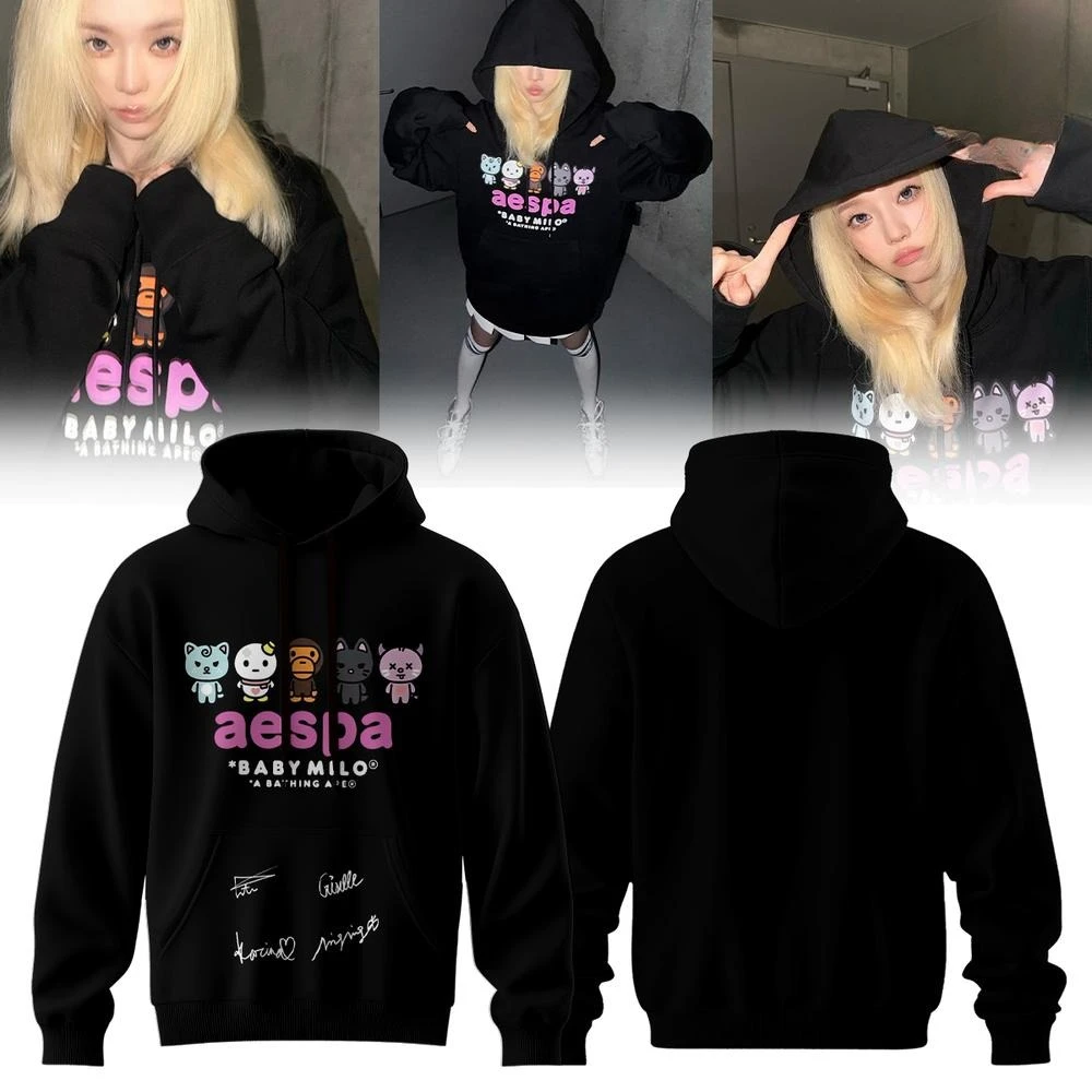 Aespa Baby Milo Cartoon Character Graphic Hoodie Kpop Idol Signature Print Men Women Long Sleeve Pullover Fans Casual Sweatshirt