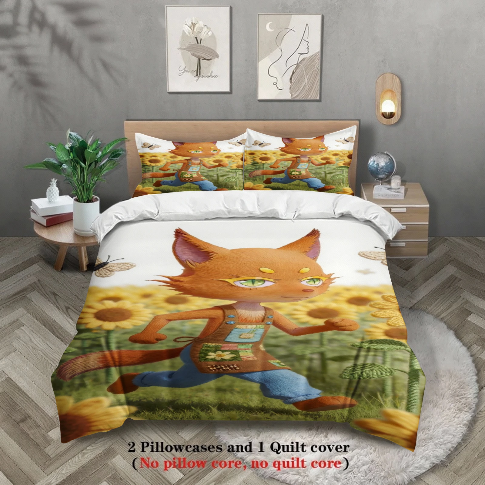 Sunflowers Bedding Set Softville Cozy Town Cute Fern the Quilt Fox With Duvet Cover & Pillowcase For Children's Bedroom Decor