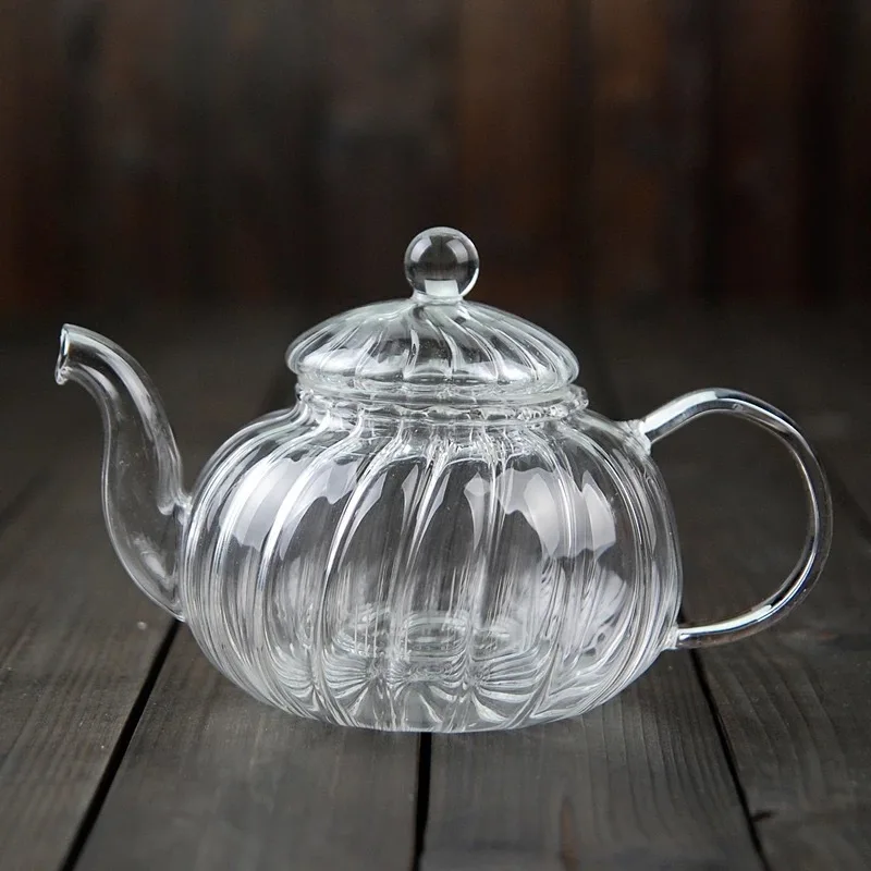 600ml Striped Pumpkin Shape Glass Teapot With Filter Heat Resistant Flower Tea Pot Kung Fu Puer Kettle Glass Tea Set Teaware