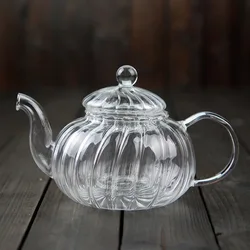 600ml Striped Pumpkin Shape Glass Teapot With Filter Heat Resistant Flower Tea Pot Kung Fu Puer Kettle Glass Tea Set Teaware