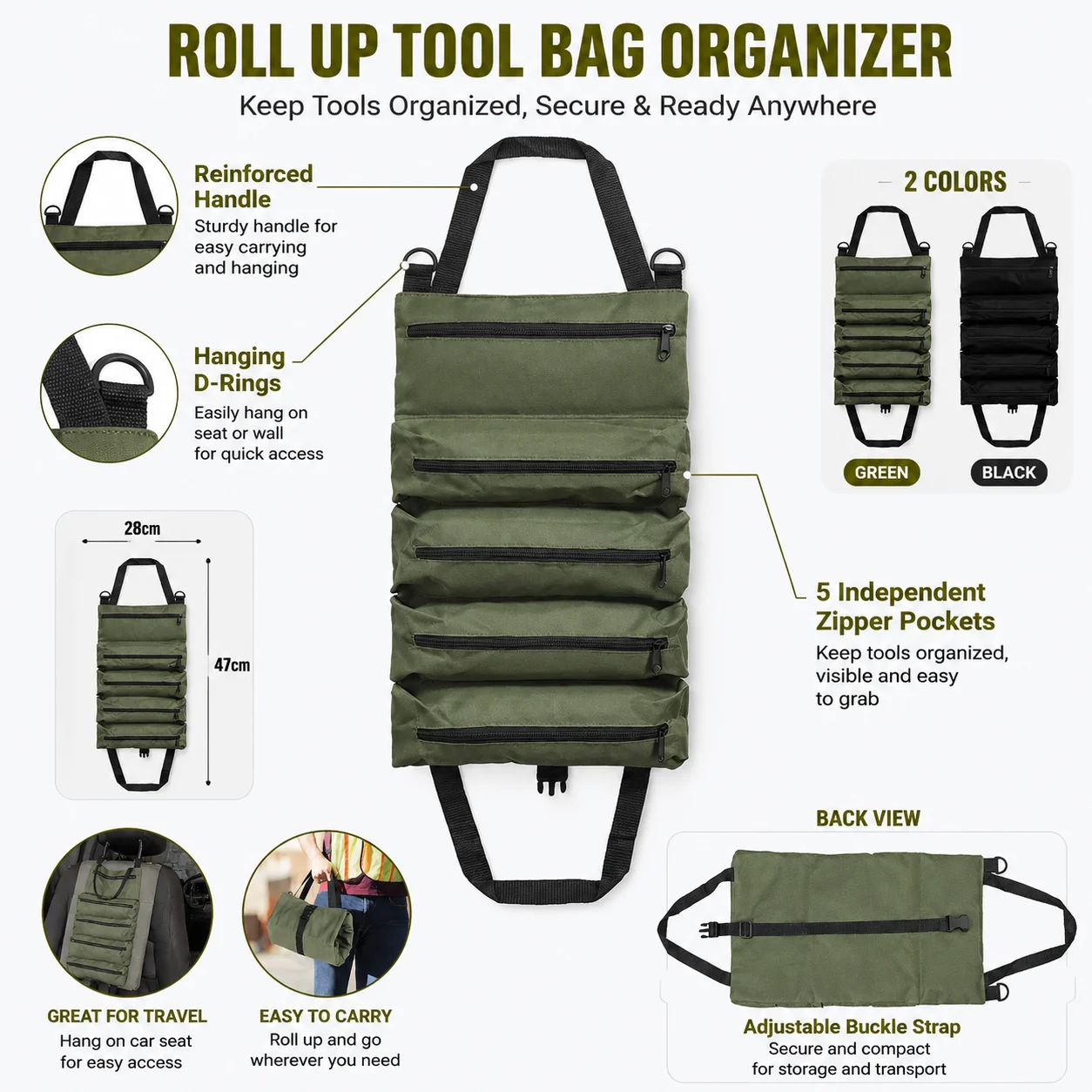 Heavy Duty Roll Up Tool Bag, Oxford Fabric Multi Tool Organizer for Mechanics Electricians Carpenters, Garage Storage